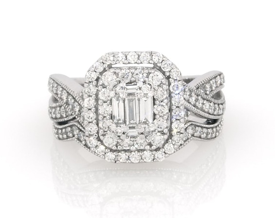 Previously Owned Baguette-Cut Diamond Double Halo Bridal Set 1-1/8 ct tw 14K White Gold Size