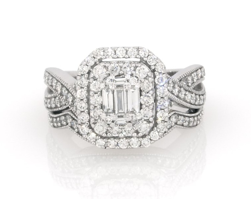 Main Image 1 of Previously Owned Baguette-Cut Diamond Double Halo Bridal Set 1-1/8 ct tw 14K White Gold Size 6.75