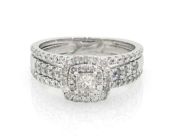 Previously Owned Princess & Round Diamond Bridal Set 1-1/3ct tw 14K White Gold Size 9.75