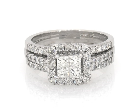 Previously Owned Princess-Cut Quad Diamond Halo Bridal Set 1-3/8 ct tw 14K White Gold Size 7.5
