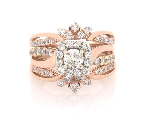 Previously Owned Round-Cut Diamond Starburst Halo Bridal Set 1 ct tw 14K Two-Tone Gold Size 5