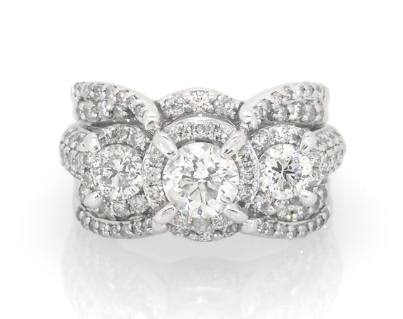 Previously Owned Round-Cut Diamond Three-Stone Halo Bridal Set 2-3/8 ct tw 14K White Gold Size 6