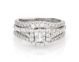 Previously Owned THE LEO Diamond Emerald-Cut Halo Bridal Set 1-1/3 ct tw 14K White Gold Size 5.75