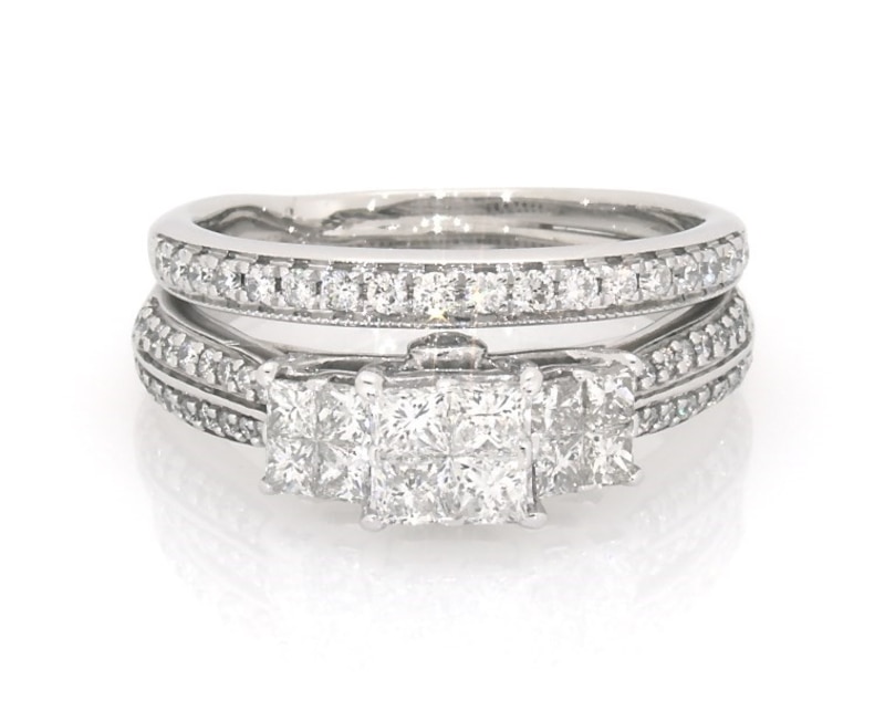 Main Image 1 of Previously Owned Princess-Cut Quad Trio Diamond Bridal Set 1-1/8 ct tw 14K White Gold Size 7.25