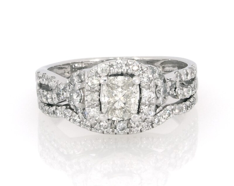 Main Image 1 of Previously Owned Pie-Cut Multi-Diamond Halo Bridal Set 7/8 ct tw 14K White Gold Size 5.75