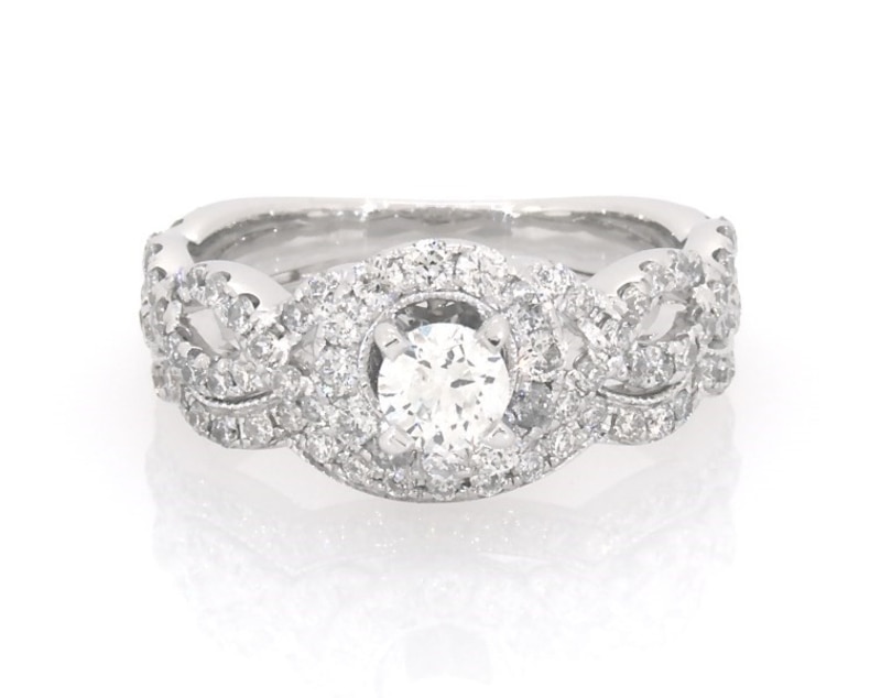 Main Image 1 of Previously Owned Neil Lane Round-Cut Diamond Halo Bridal Set 1-1/5 ct tw 14K White Gold Size 5.75