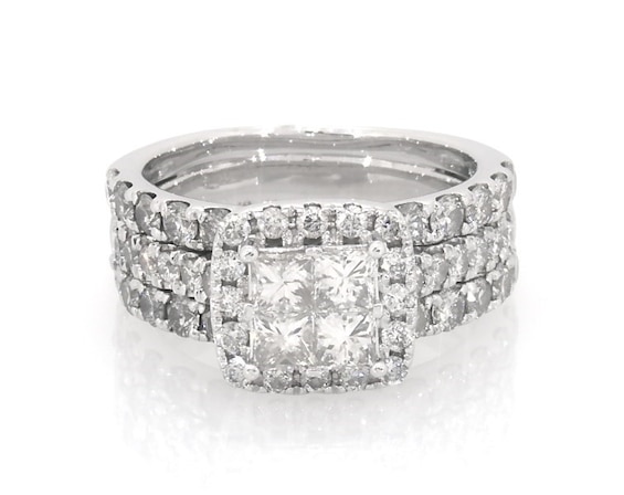 Previously Owned Princess-Cut Quad Diamond Halo Bridal Set 1-7/8 ct tw 14K White Gold Size 5.25