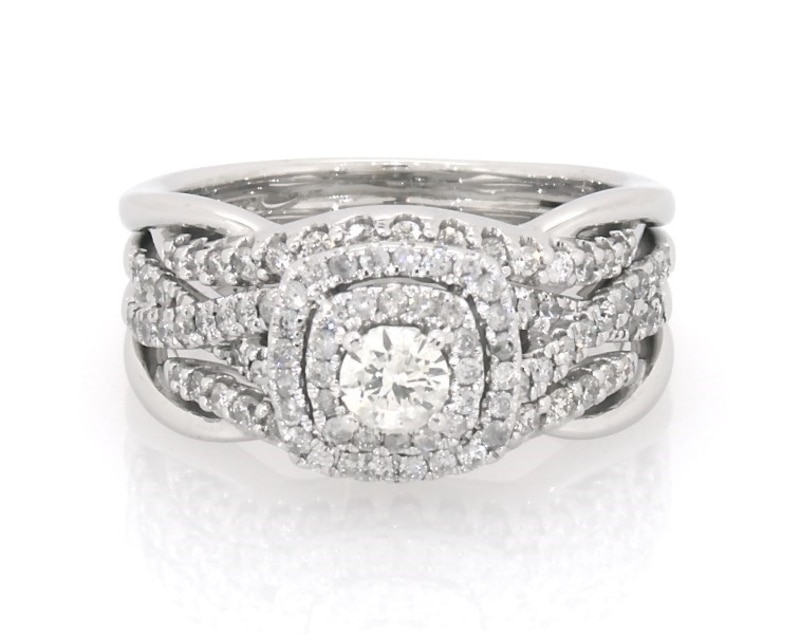 Main Image 1 of Previously Owned Round-Cut Diamond Double Halo Bridal Set 1/2 ct tw 10K & 14K White Gold Size 4.5
