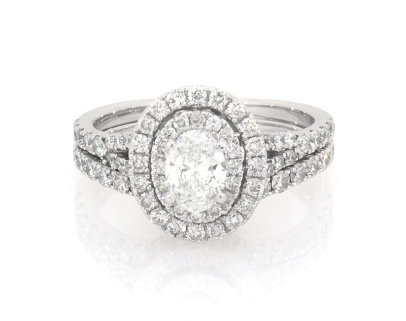 Main Image 1 of Previously Owned Neil Lane Oval-Cut Diamond Double Halo Bridal Set 1-1/2 ct tw 14K White Gold Size 6.75