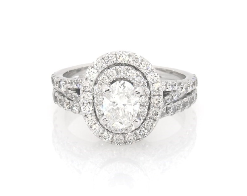 Main Image 1 of Previously Owned Neil Lane Oval-Cut Diamond Double Halo Bridal Set 1-1/2 ct tw 14K White Gold Size 5
