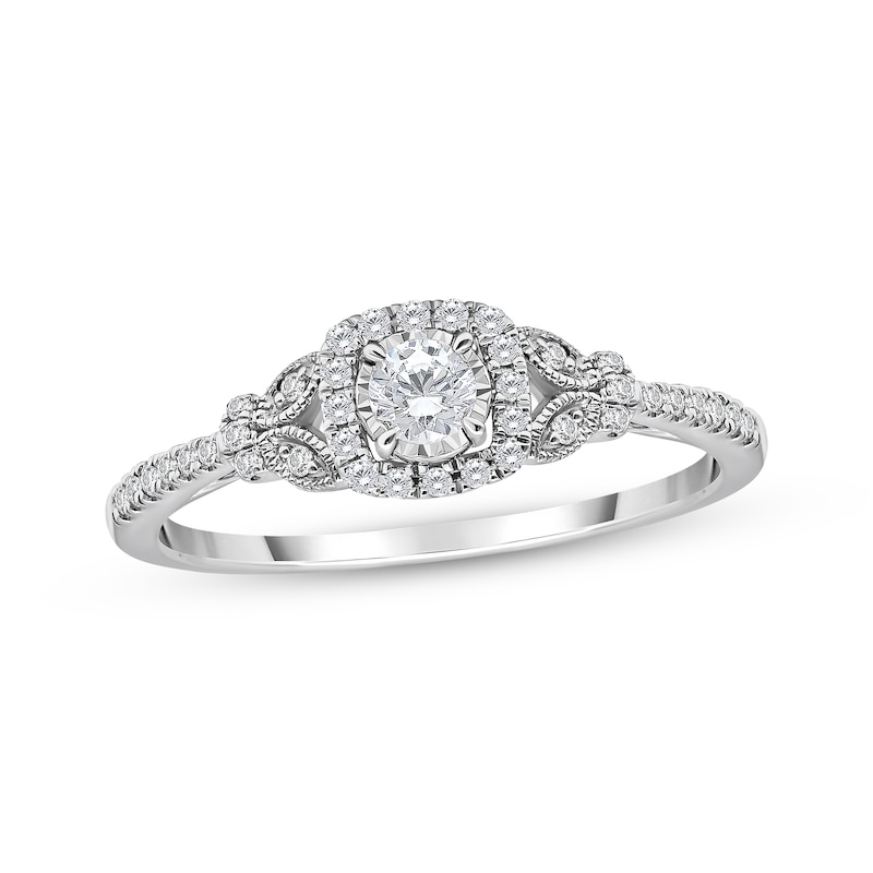 Main Image 1 of Previously Owned Round-Cut Diamond Cushion Halo Milgrain Engagement Ring 1/3 ct tw 10K White Gold