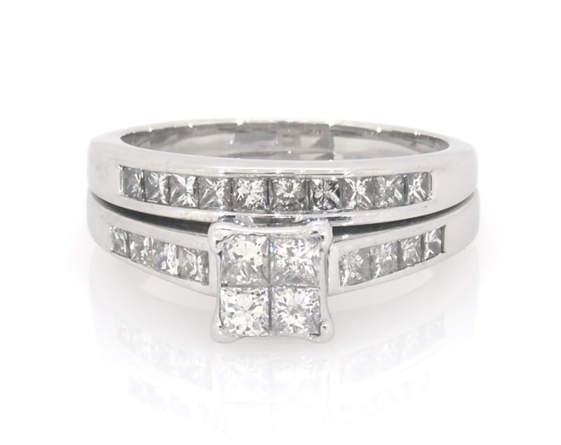 Main Image 1 of Previously Owned Princess-Cut Quad Diamond Bridal Set 1-1/6 ct tw 14K White Gold Size 8