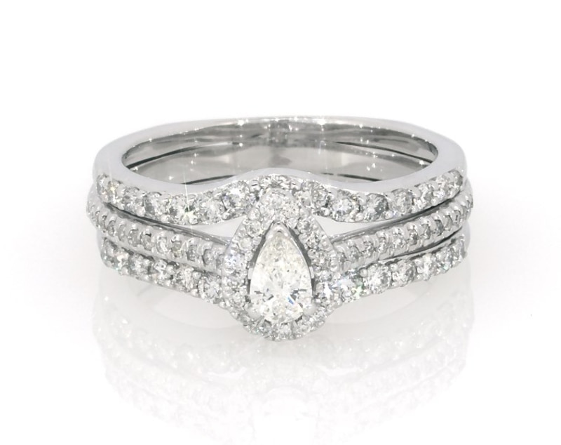 Main Image 1 of Previously Owned Pear-Shaped Diamond Halo Bridal Set 3/4 ct tw 10K White Gold Size 6.75