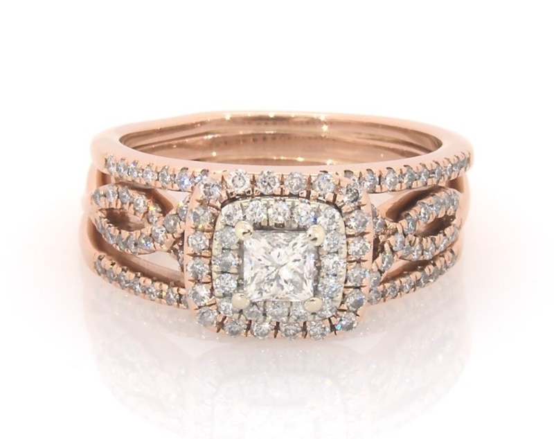 Main Image 1 of Previously Owned Princess-Cut Diamond Halo Bridal Set 7/8 ct tw 14K Two-Tone Gold Size 6.75