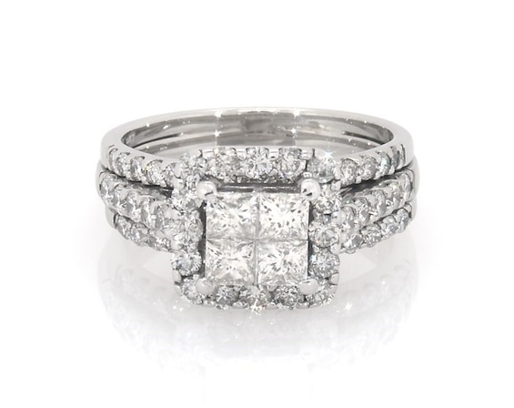 Previously Owned Princess-Cut Quad Diamond Halo Bridal Set 1-7/8 ct tw 14K White Gold Size 7