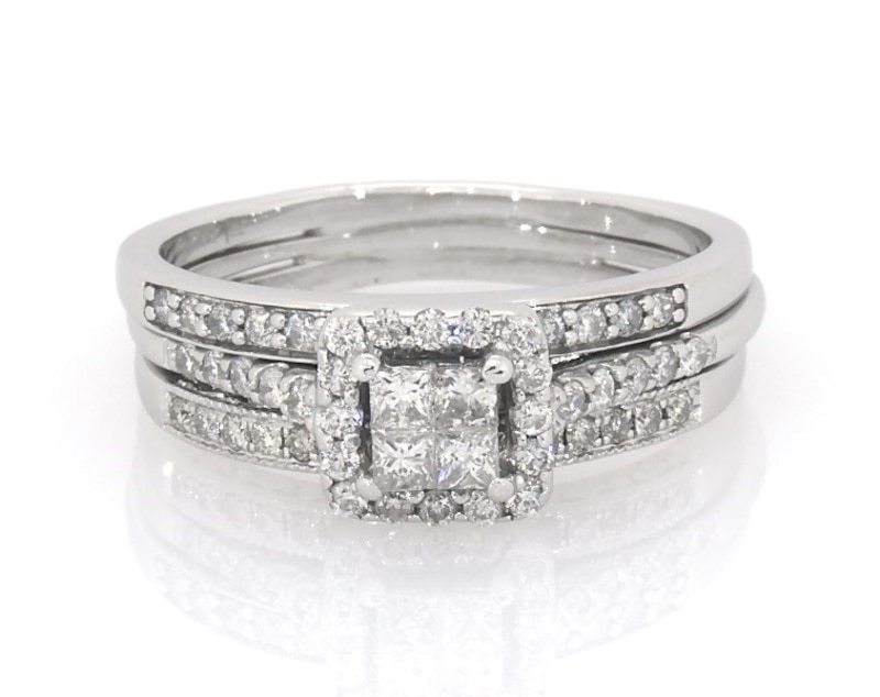 Main Image 1 of Previously Owned Princess-Cut Quad Diamond Halo Bridal Set 5/8 ct tw 10K White Gold Size 8.25