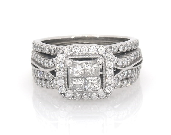 Previously Owned Princess-Cut Quad Diamond Halo Bridal Set 1-1/4 ct tw 14K White Gold Size 6.5