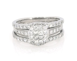 Previously Owned Princess-Cut Quad Diamond Halo Bridal Set 7/8 ct tw 10K & 14K White Gold Size 7.25