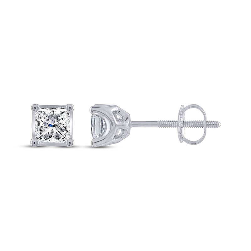 Main Image 3 of Previously Owned THE LEO Legacy Lab-Grown Diamond Princess-Cut Solitaire Stud Earrings 1 ct tw 14K White Gold (F/VS2)