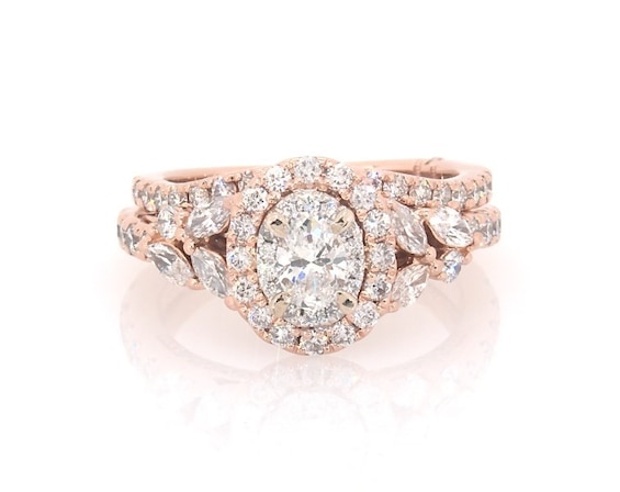 Previously Owned Monique Lhuillier Bliss Oval-Cut Diamond Halo Bridal Set 1-1/2 ct tw 18K Two-Tone Gold Size 5.5