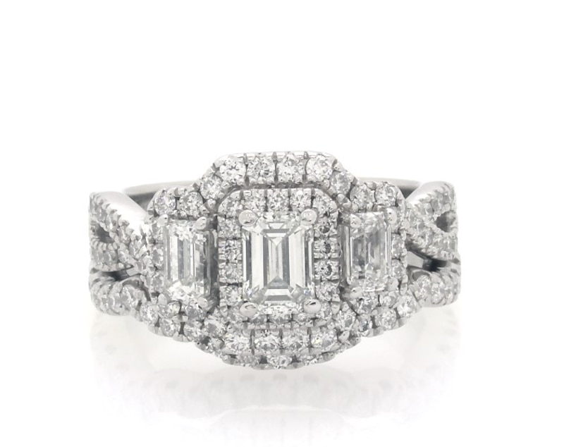 Main Image 1 of Previously Owned Neil Lane Emerald-Cut Diamond Three-Stone Bridal Set 1-7/8 ct tw 14K White Gold Size 5.75