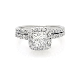 Previously Owned Princess-Cut Quad Diamond Halo Bridal Set 1-1/8 ct tw 14K White Gold Size 7.75