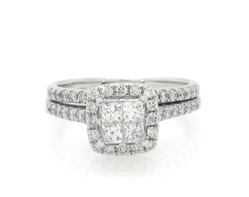 Main Image 1 of Previously Owned Princess-Cut Quad Diamond Halo Bridal Set 1-1/8 ct tw 14K White Gold Size 7.75