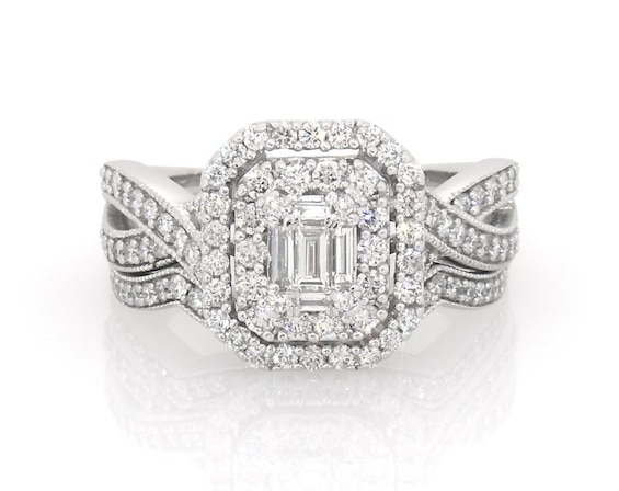 Previously Owned Baguette-Cut Diamond Double Halo Bridal Set 1-1/8 ct tw 14K White Gold Size