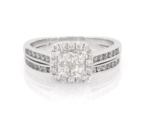 Previously Owned Princess-Cut Quad Diamond Halo Bridal Set 1-1/8 ct tw 14K White Gold Size 8.25