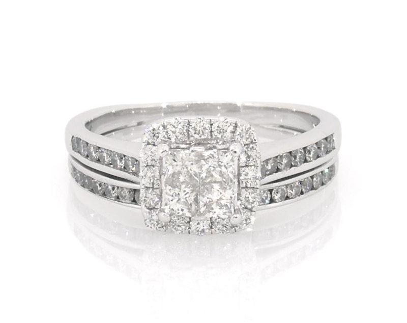 Main Image 1 of Previously Owned Princess-Cut Quad Diamond Halo Bridal Set 1-1/8 ct tw 14K White Gold Size 8.25