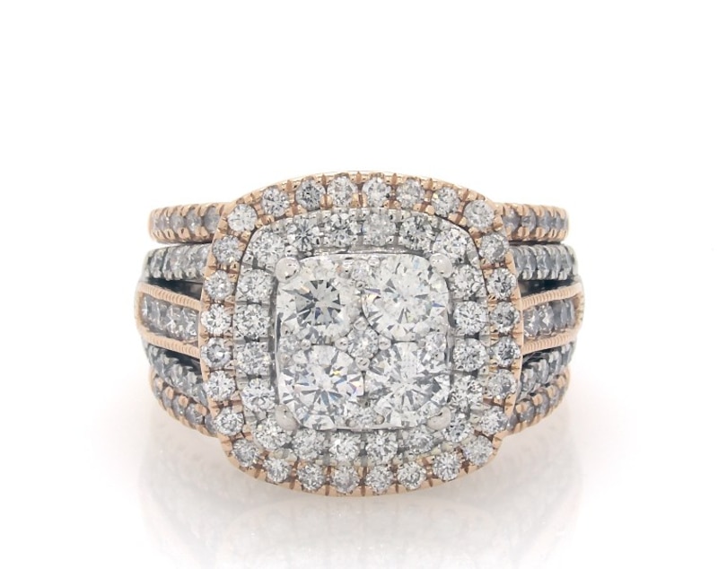 Main Image 1 of Previously Owned Round-Cut Multi-Diamond Double Halo Bridal Set 2-1/4 ct tw 10K Two-Tone Gold Size 6.25