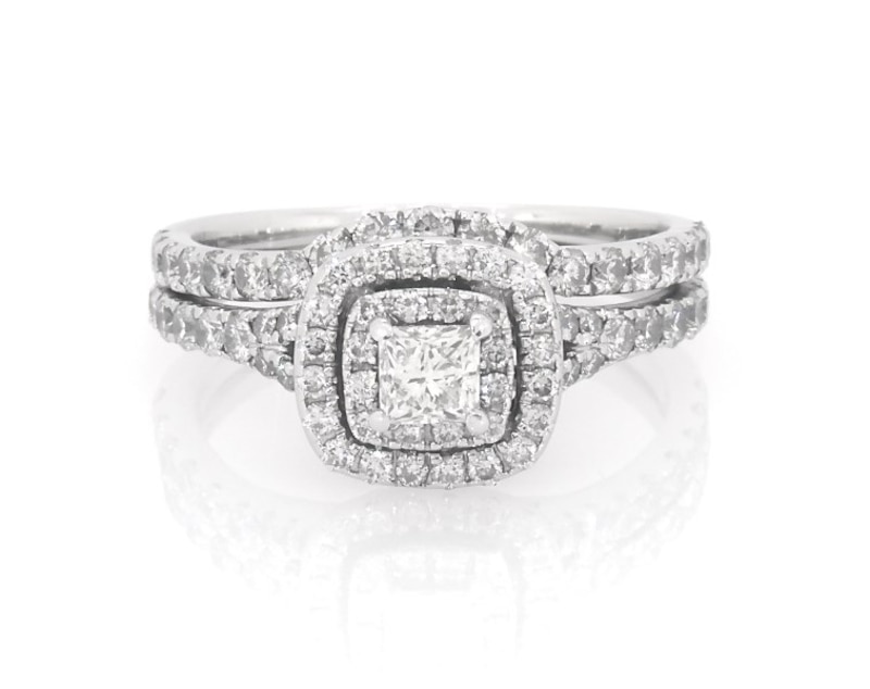 Main Image 1 of Previously Owned Neil Lane Princess-Cut Diamond Double Halo Bridal Set 1-1/3 ct tw 14K White Gold Size 7