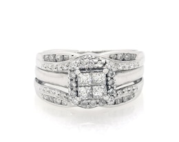 Previously Owned Princess-Cut Quad Diamond Halo Bridal Set 3/4 ct tw 10K White Gold Size 5