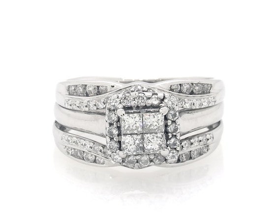 Previously Owned Princess-Cut Quad Diamond Halo Bridal Set 3/4 ct tw 10K White Gold 5