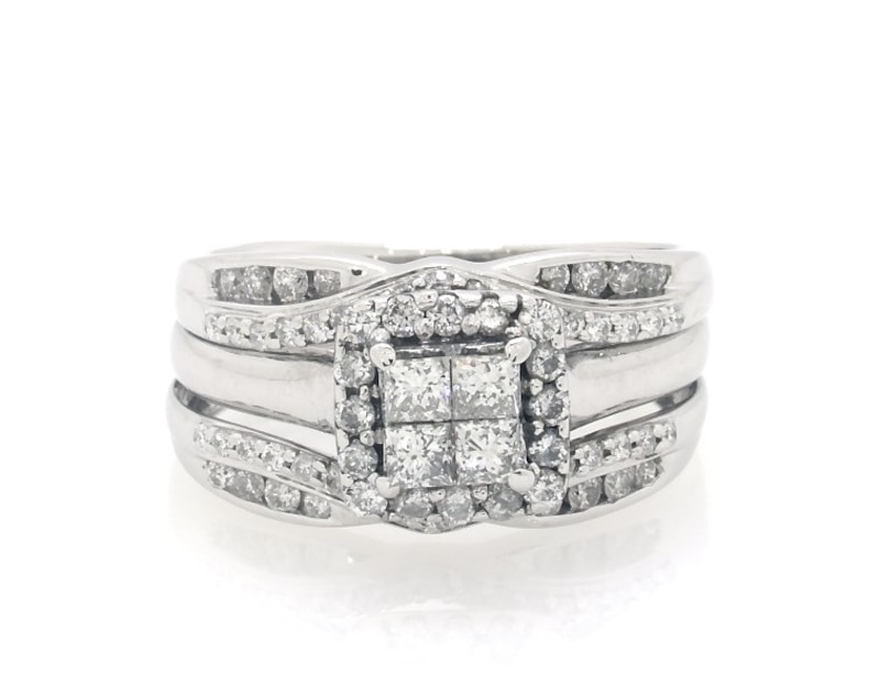 Main Image 1 of Previously Owned Princess-Cut Quad Diamond Halo Bridal Set 3/4 ct tw 10K White Gold Size 5