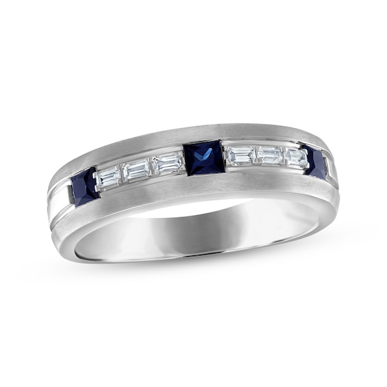 Previously Owned Men's Square-Cut Blue Sapphire & Baguette-Cut Diamond Wedding Band 1/8 ct tw 10K White Gold