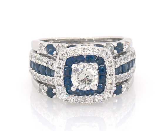 Previously Owned Round-Cut Diamond & Blue Sapphire Bridal Set 1 ct tw 10K White Gold Size 5