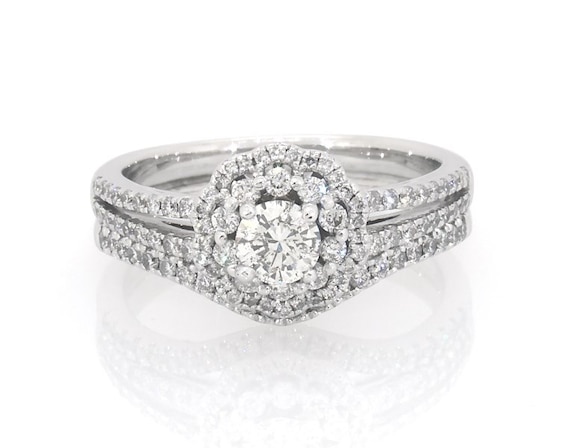 Previously Owned Adrianna Papell Round-Cut Diamond Double Halo Bridal Set 7/8 ct tw 14K White Gold 7
