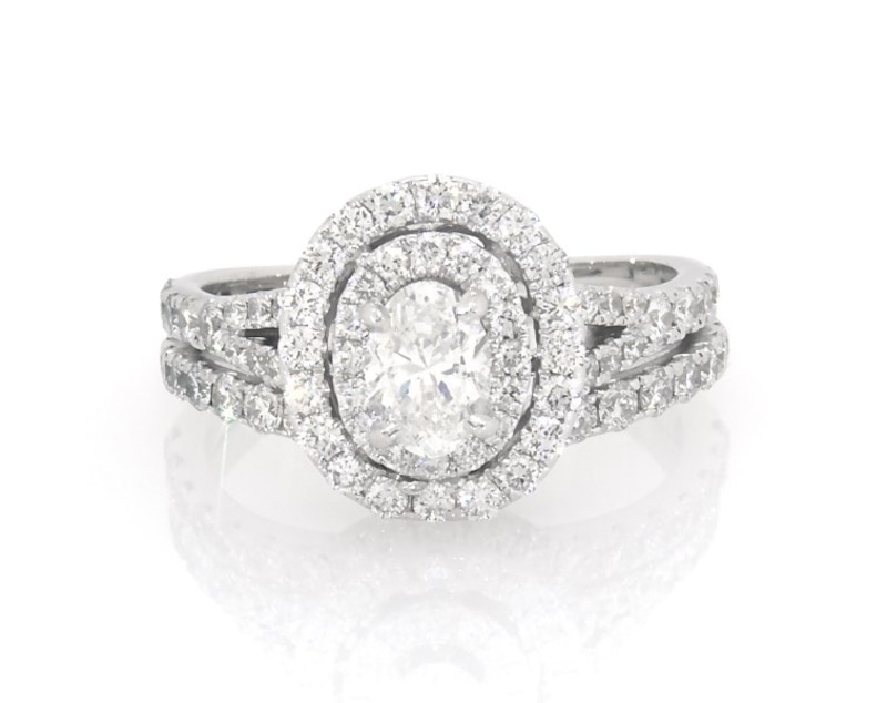Main Image 1 of Previously Owned Neil Lane Oval-Cut Diamond Double Halo Bridal Set 1-1/2 ct tw 14K White Gold Size 5.75