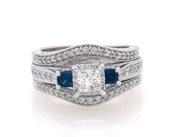 Previously Owned Princess-Cut Diamond & Blue Sapphire Three-Stone Bridal Set 1-1/4 ct tw 14K White Gold Size 7.5