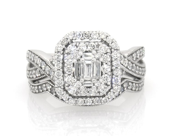 Previously Owned Baguette-Cut Diamond Double Halo Bridal Set 1-1/8 ct tw 14K White Gold Size 7.25