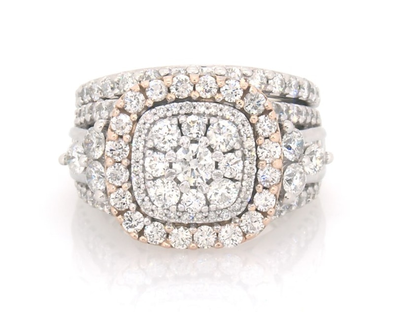 Main Image 1 of Previously Owned Round-Cut Diamond Double Halo Bridal Set 2-1/2 ct tw 14K Two-Tone Gold Size 5.5