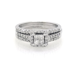 Previously Owned Princess-Cut Quad Diamond Halo Bridal Set 3/4 ct tw 14K White Gold Size 6.5
