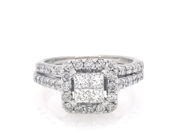 Previously Owned Princess-Cut Quad Diamond Halo Bridal Set 1-1/5 ct tw 14K White Gold Size