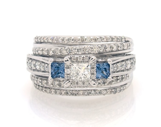 Previously Owned Princess-Cut Diamond & Natural Blue Sapphire Bridal Set 1-5/8 ct tw 14K White Gold Size 7.5