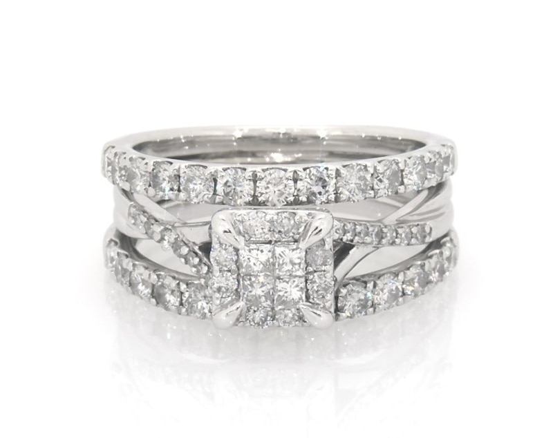 Main Image 1 of Previously Owned Princess-Cut Quad Diamond Bridal Set 1-1/4 ct tw 10K White Gold Size 5.5