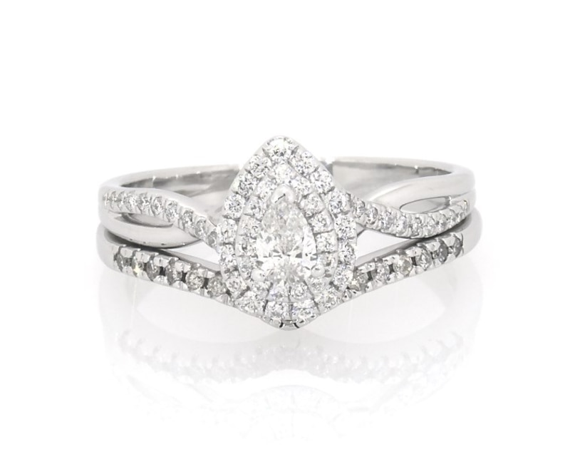 Main Image 1 of Previously Owned Pear-Shaped Diamond Double Halo Bridal Set 1/2 ct tw 10K White Gold Size 8.25