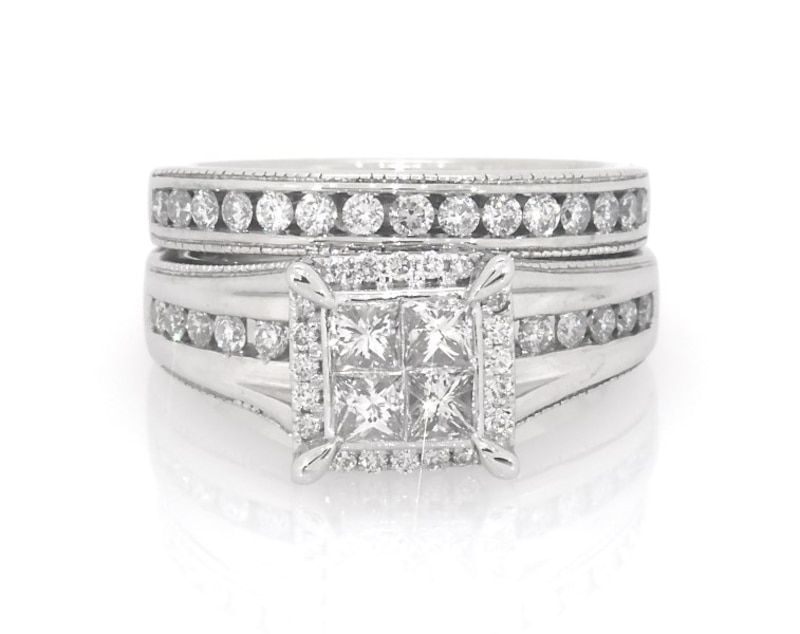 Main Image 1 of Previously Owned Princess-Cut Quad Diamond Bridal Set 7/8 ct tw 14K White Gold Size 4.75