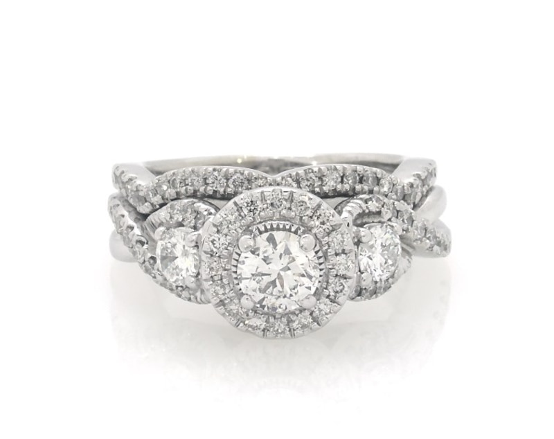 Main Image 1 of Previously Owned Round-Cut Diamond Halo Three-Stone Bridal Set 7/8 ct tw 14K White Gold Size 4.25