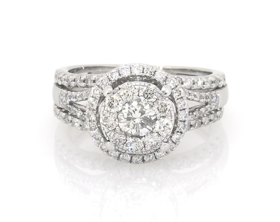 Previously Owned Round-Cut Diamond Double Halo Bridal Set 1 ct tw 14K White Gold Size 5.5